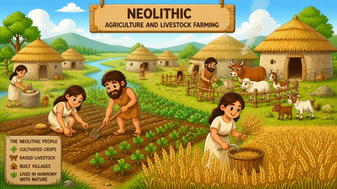 Illustrazione: uomini e donne del Neolitico che coltivano i campi, allevano animali e vivono in un villaggio di capanne.