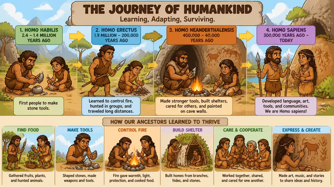 Illustrazione: sequenza dell'evoluzione dell'uomo da Homo habilis a Homo sapiens, con l'uso di utensili di pietra e del fuoco.