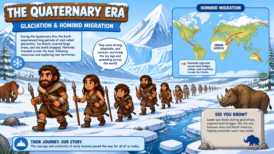 Illustrazione: gruppo di ominidi che attraversa un paesaggio ghiacciato durante l'era glaciale, con mammut sullo sfondo e una mappa delle migrazioni.