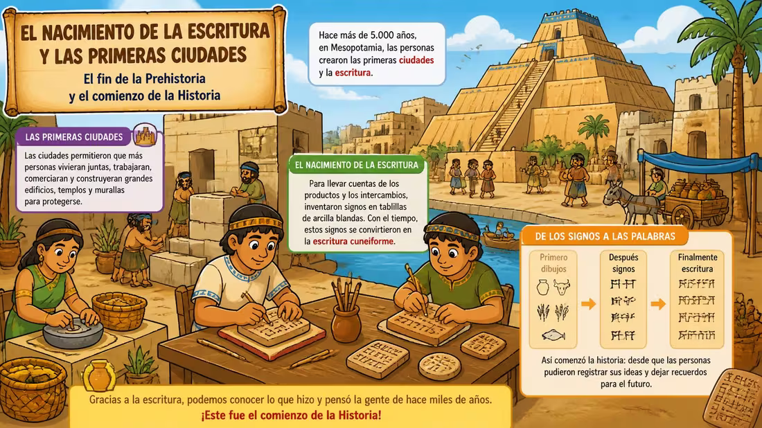 Illustrazione: villaggio evoluto con edifici in pietra e scribi che incidono segni cuneiformi su tavolette di argilla, nascita della scrittura.