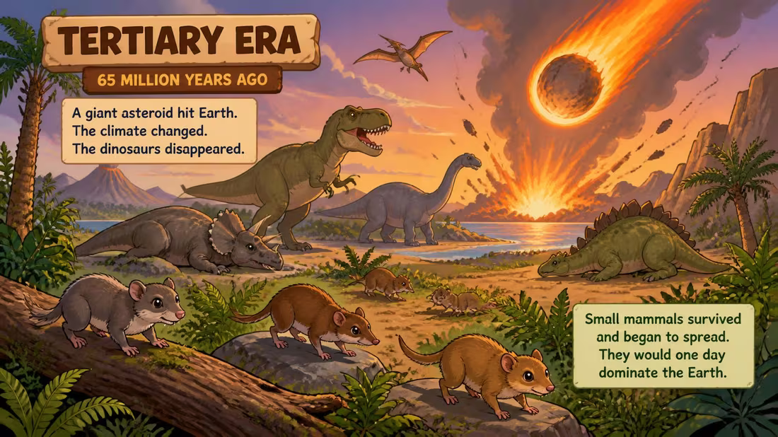 Illustrazione: gli ultimi dinosauri scompaiono mentre piccoli mammiferi cominciano a diffondersi in un paesaggio preistorico.