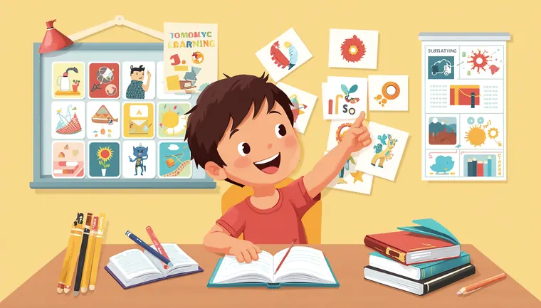 Bambino indica carte illustrate con parole e disegni